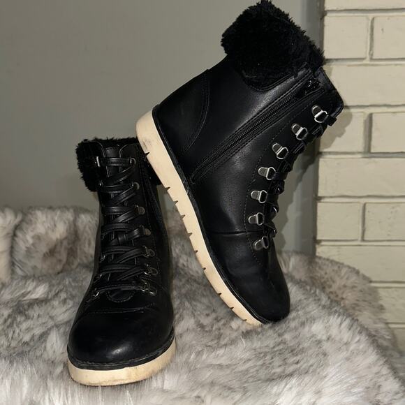 MIA Makayla Combat Bootie with Fur Wedge Heel Women’s Sz 7.5 Black - Picture 1 of 9